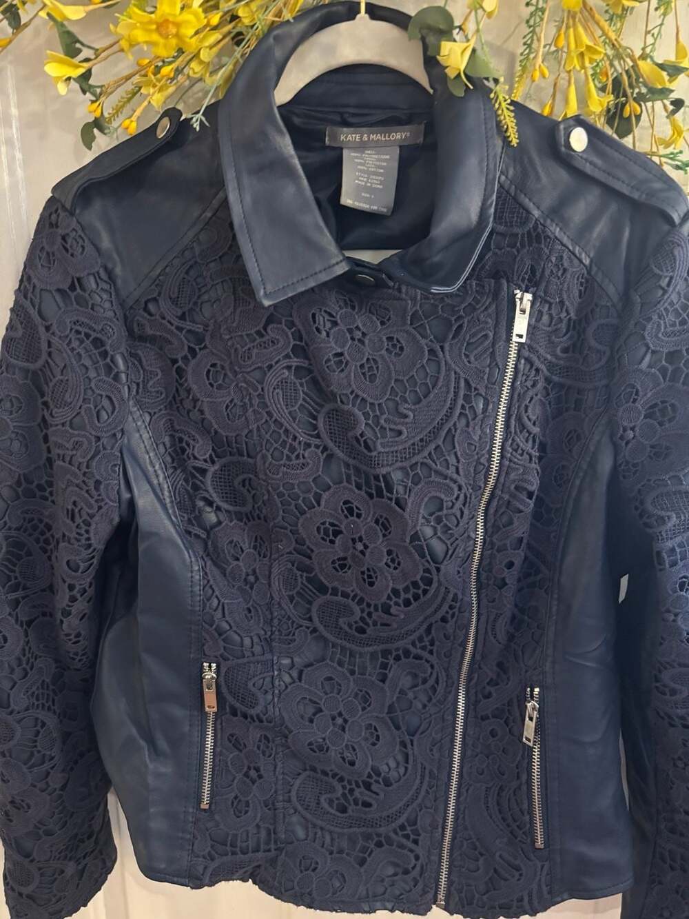 Kate & Mallory Navy Faux Leather and Lace Asymmetrical Moto Jacket